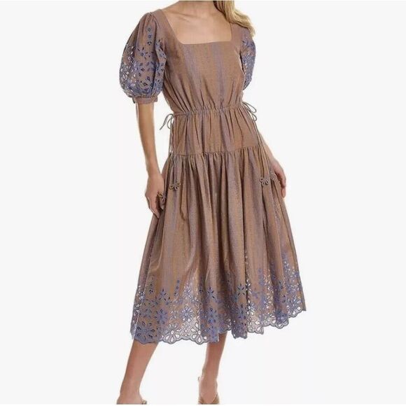 Joie Women's Sz XS Light Brown/Blue Nashua Eyelet Maxi Fit & Flare Dress - Picture 13 of 14
